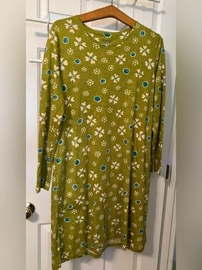 Gundrun Sjoden Green Floral Dress, white blue accents "Iris," Size L EXC COND